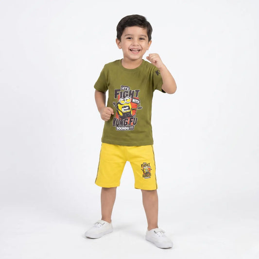 Kids' "Kung Fu Minion" Graphic T-Shirt & Shorts Set – Fun & Active Summer Wear