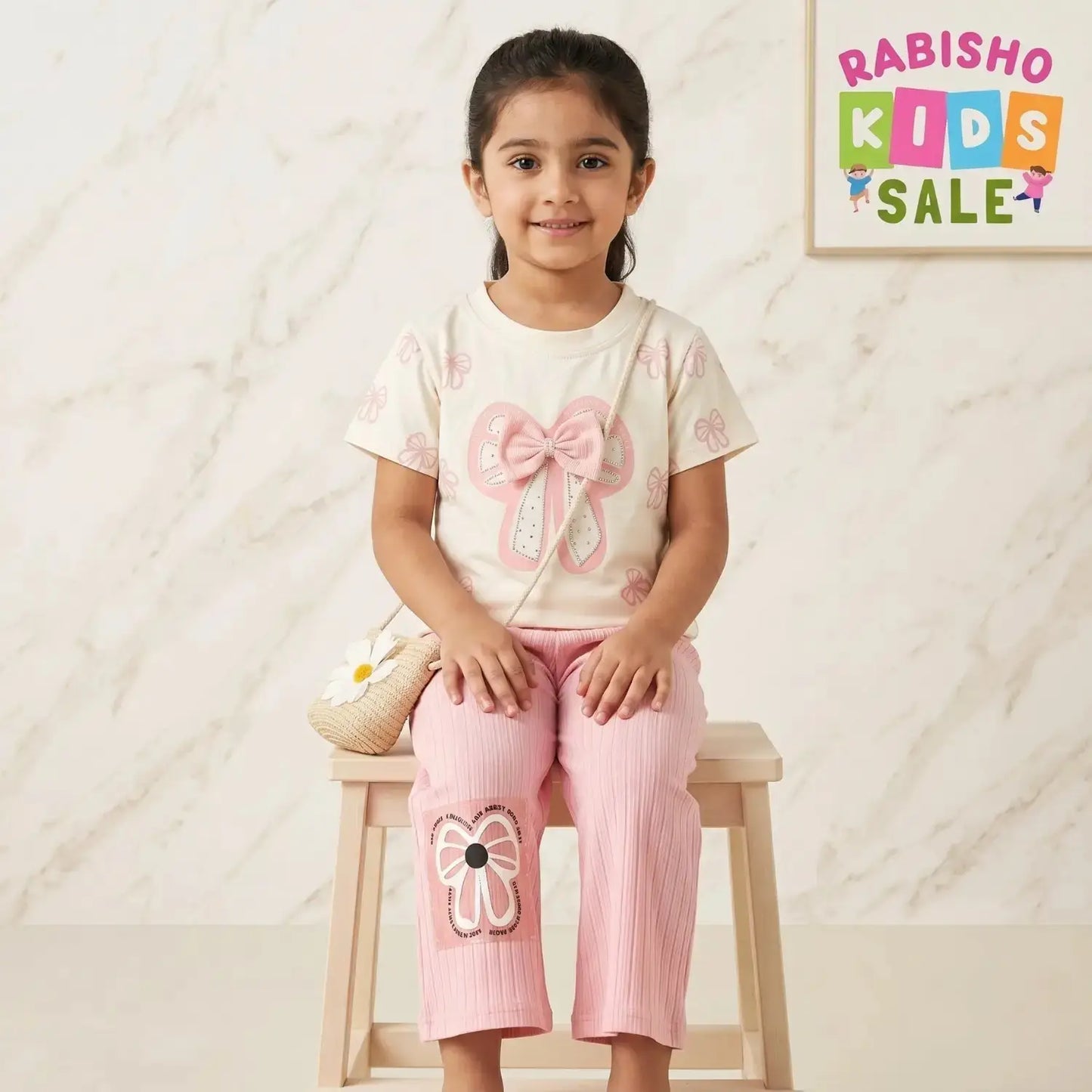 Girls' "Dazzling Bow" T-Shirt & Ribbed Flare Pants Set – 2-Piece Boutique Outfit