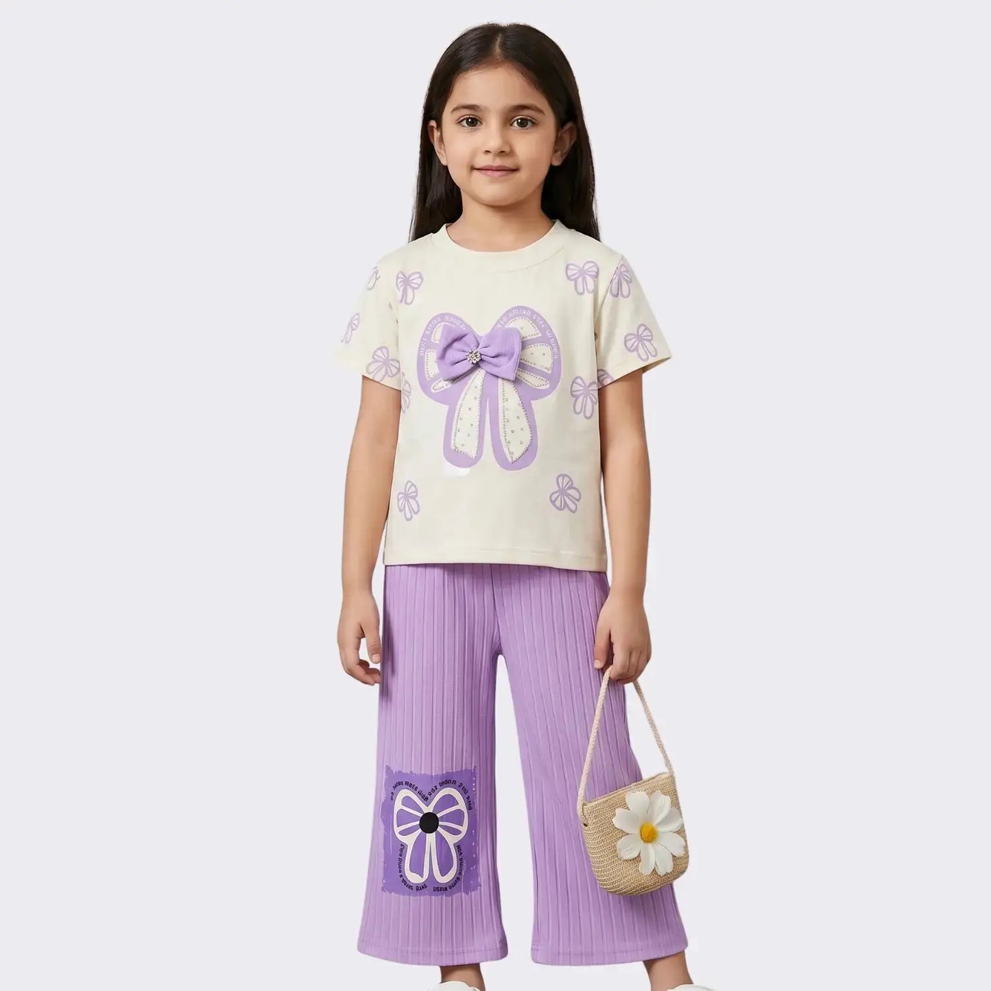 Girls' "Dazzling Bow" T-Shirt & Ribbed Flare Pants Set – 2-Piece Boutique Outfit