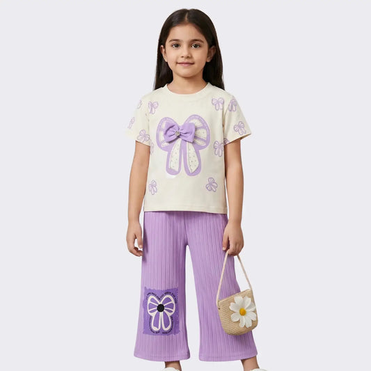 Girls' "Dazzling Bow" T-Shirt & Ribbed Flare Pants Set – 2-Piece Boutique Outfit