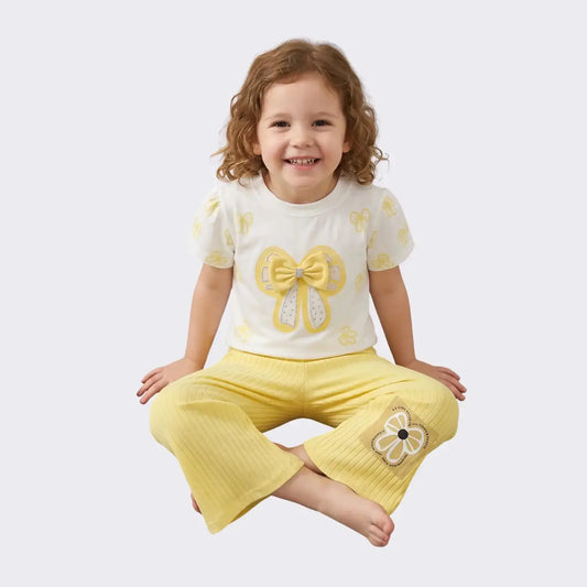 Girls' "Dazzling Bow" T-Shirt & Ribbed Flare Pants Set – 2-Piece Boutique Outfit